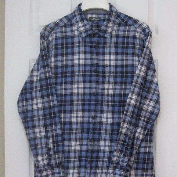 Mens Eddie Bauer Blue Plaid Flannel Shirt sz L - Picture 1 of 10